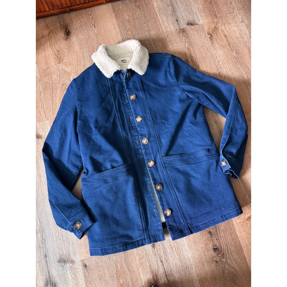 Sezane Will Forever Jacket Indigo Denim Faux Shearling Lined Chore Jacket Size S